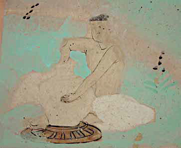 Homme lançant un pot sur une roue (grotte 85, Lankavatara Sutra sur la pente du plafond est de la chambre principale)